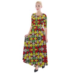 Leaves Pattern Half Sleeves Maxi Dress