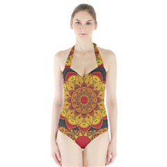 Mandela Flower Orange And Red Halter Swimsuit by ExtraGoodSauce