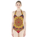 Mandela Flower Orange And Red Halter Swimsuit View1