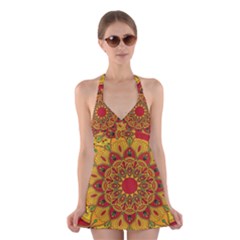 Mandela Flower Orange And Red Halter Dress Swimsuit 