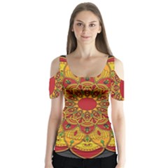 Mandela Flower Orange And Red Butterfly Sleeve Cutout Tee 