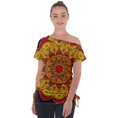 Mandela Flower Orange And Red Off Shoulder Tie-up Tee