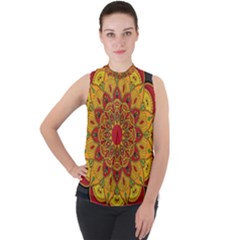 Mandela Flower Orange And Red Mock Neck Chiffon Sleeveless Top by ExtraGoodSauce