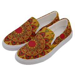 Mandela Flower Orange And Red Men s Canvas Slip Ons by ExtraGoodSauce