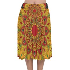 Mandela Flower Orange And Red Velvet Flared Midi Skirt