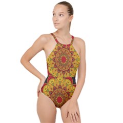 Mandela Flower Orange And Red High Neck One Piece Swimsuit by ExtraGoodSauce