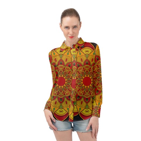 Mandela Flower Orange And Red Long Sleeve Chiffon Shirt by ExtraGoodSauce