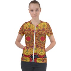 Mandela Flower Orange And Red Short Sleeve Zip Up Jacket by ExtraGoodSauce