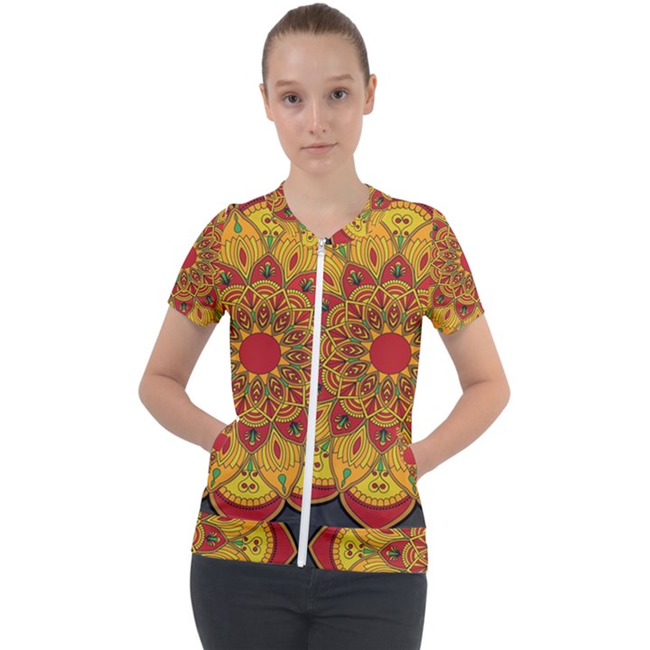 Mandela Flower Orange And Red Short Sleeve Zip Up Jacket