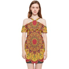 Mandela Flower Orange And Red Shoulder Frill Bodycon Summer Dress