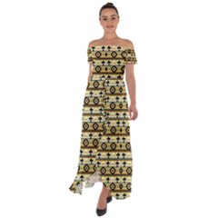 Native American Pattern Off Shoulder Open Front Chiffon Dress