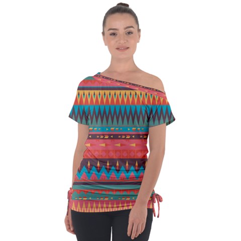 Native American Pattern Off Shoulder Tie-up Tee by ExtraGoodSauce