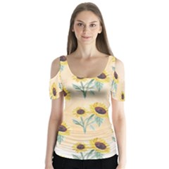 Sunflowers Pattern Butterfly Sleeve Cutout Tee 