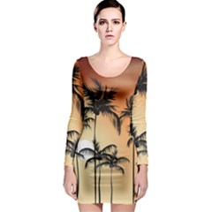 Sunset Palm Trees Beach Summer Long Sleeve Bodycon Dress by ExtraGoodSauce