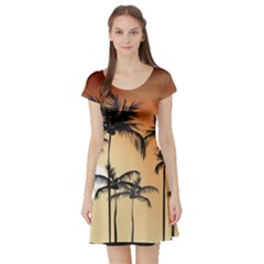 Sunset Palm Trees Beach Summer Short Sleeve Skater Dress by ExtraGoodSauce