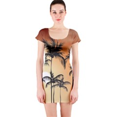 Sunset Palm Trees Beach Summer Short Sleeve Bodycon Dress by ExtraGoodSauce