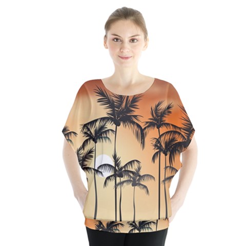 Sunset Palm Trees Beach Summer Batwing Chiffon Blouse by ExtraGoodSauce