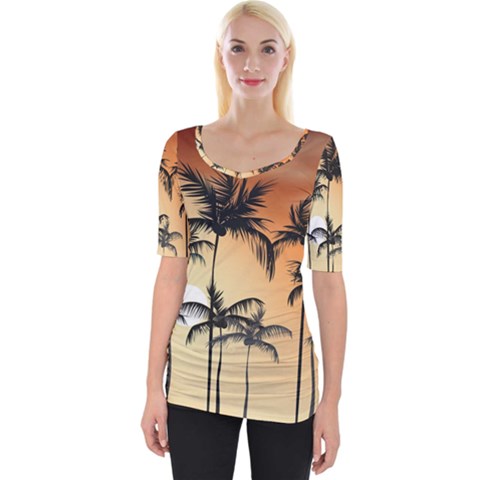 Sunset Palm Trees Beach Summer Wide Neckline Tee by ExtraGoodSauce