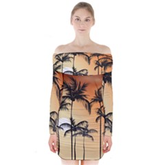 Sunset Palm Trees Beach Summer Long Sleeve Off Shoulder Dress by ExtraGoodSauce