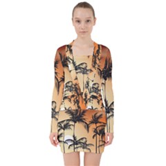 Sunset Palm Trees Beach Summer V-neck Bodycon Long Sleeve Dress by ExtraGoodSauce