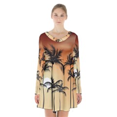 Sunset Palm Trees Beach Summer Long Sleeve Velvet V-neck Dress by ExtraGoodSauce