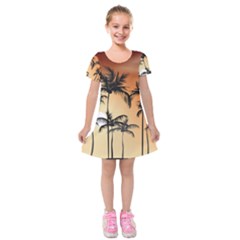 Sunset Palm Trees Beach Summer Kids  Short Sleeve Velvet Dress by ExtraGoodSauce