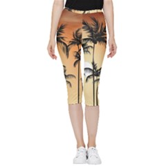 Sunset Palm Trees Beach Summer Inside Out Lightweight Velour Capri Leggings 