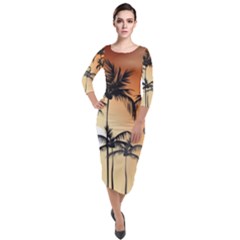 Sunset Palm Trees Beach Summer Quarter Sleeve Midi Velour Bodycon Dress by ExtraGoodSauce