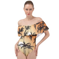 Sunset Palm Trees Beach Summer Off Shoulder Velour Bodysuit  by ExtraGoodSauce