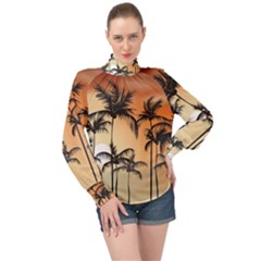 Sunset Palm Trees Beach Summer High Neck Long Sleeve Chiffon Top by ExtraGoodSauce