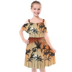 Sunset Palm Trees Beach Summer Kids  Cut Out Shoulders Chiffon Dress by ExtraGoodSauce