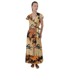 Sunset Palm Trees Beach Summer Flutter Sleeve Maxi Dress by ExtraGoodSauce