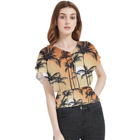 Sunset Palm Trees Beach Summer Butterfly Chiffon Blouse by ExtraGoodSauce