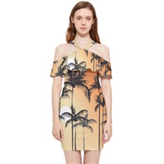 Sunset Palm Trees Beach Summer Shoulder Frill Bodycon Summer Dress by ExtraGoodSauce