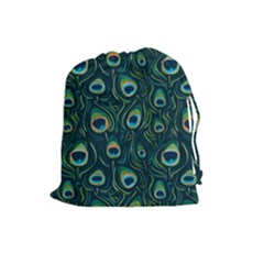 Watercolor Peacock Feather Pattern Drawstring Pouch (large) by ExtraAwesomeSauce