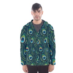 Watercolor Peacock Feather Pattern Men s Hooded Windbreaker