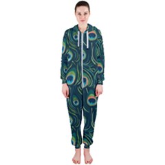 Watercolor Peacock Feather Pattern Hooded Jumpsuit (ladies)  by ExtraGoodSauce