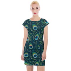 Watercolor Peacock Feather Pattern Cap Sleeve Bodycon Dress by ExtraGoodSauce