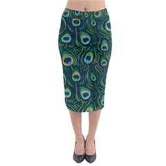 Watercolor Peacock Feather Pattern Midi Pencil Skirt by ExtraGoodSauce