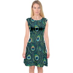 Watercolor Peacock Feather Pattern Capsleeve Midi Dress by ExtraGoodSauce