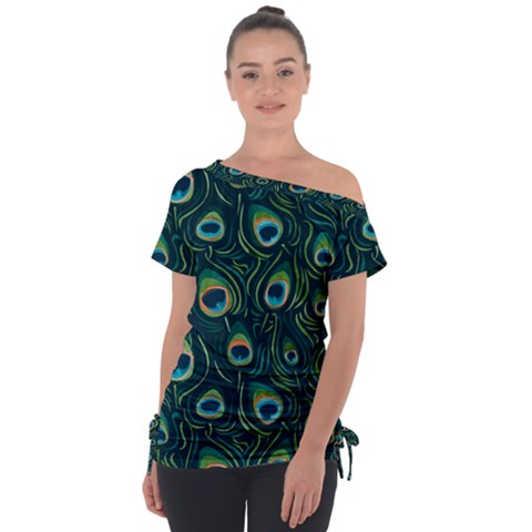 Watercolor Peacock Feather Pattern Off Shoulder Tie-up Tee by ExtraGoodSauce