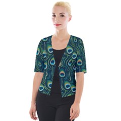 Watercolor Peacock Feather Pattern Cropped Button Cardigan by ExtraGoodSauce