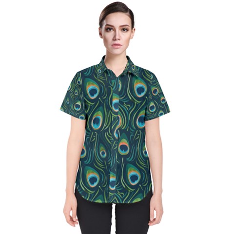 Watercolor Peacock Feather Pattern Women s Short Sleeve Shirt by ExtraGoodSauce