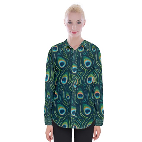 Watercolor Peacock Feather Pattern Womens Long Sleeve Shirt by ExtraGoodSauce