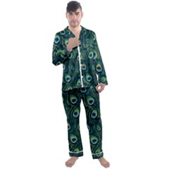 Watercolor Peacock Feather Pattern Men s Long Sleeve Satin Pajamas Set by ExtraGoodSauce