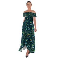 Watercolor Peacock Feather Pattern Off Shoulder Open Front Chiffon Dress by ExtraGoodSauce