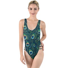 Watercolor Peacock Feather Pattern High Leg Strappy Swimsuit