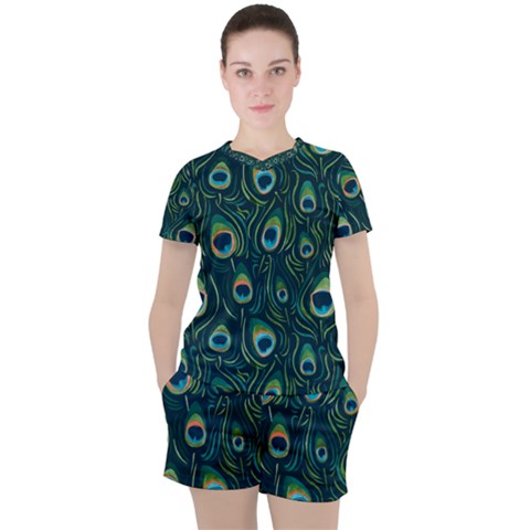 Watercolor Peacock Feather Pattern Women s Tee And Shorts Set by ExtraGoodSauce