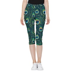 Watercolor Peacock Feather Pattern Inside Out Lightweight Velour Capri Leggings  by ExtraGoodSauce