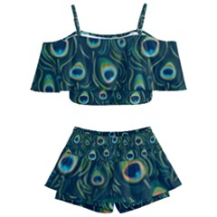 Watercolor Peacock Feather Pattern Kids  Off Shoulder Skirt Bikini by ExtraAwesomeSauce